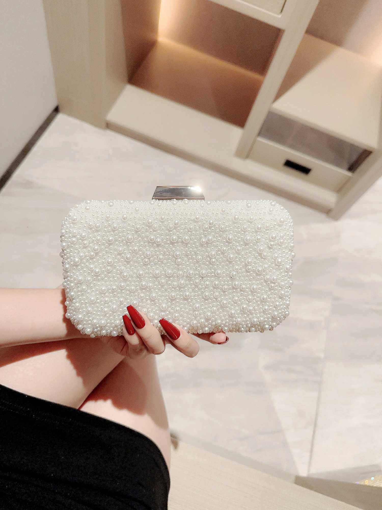 New Pearl Square Box Type Evening Bag Beaded Clutch Chain Bag Banquet Bag Evening Bag Dress Bag Wedding Bag H251027