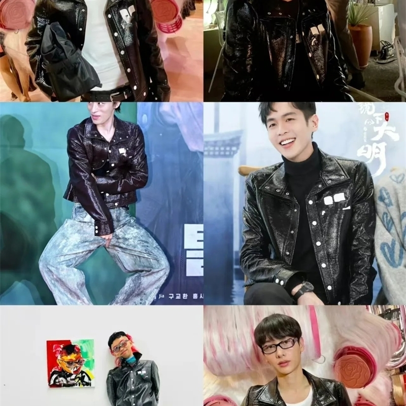 Trendy French Classic Embossed PU Texture Shiny Leather Jacket Coat Moto Short Jacket Flip Collar Outerwear 251027