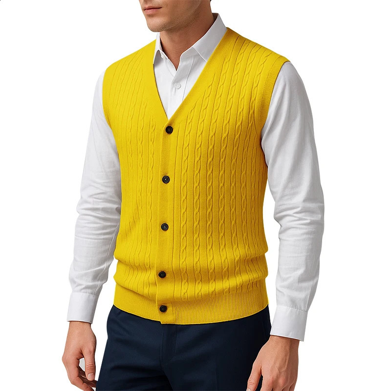 Autumn Mens Cable Knit Sweater Vest V Neck Button Down Sleeveless Cardigan Outdoor Business Lightweight Streetwear 251016