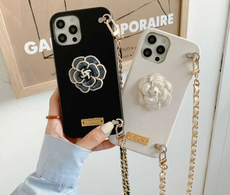 Designer Luxury Crossbody Protective Phone Covers Soft Lambskin Material with Chic Floral Motif Supports Apple's Latest Devices