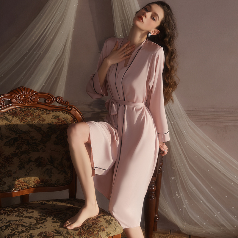 Sexy Robe With Lace Satin Women Nightgown Women Nightgowns Bride White Nightdress Nighties Sexy long-sleeved nightgown V-Neck Nightgown Female Nightwe