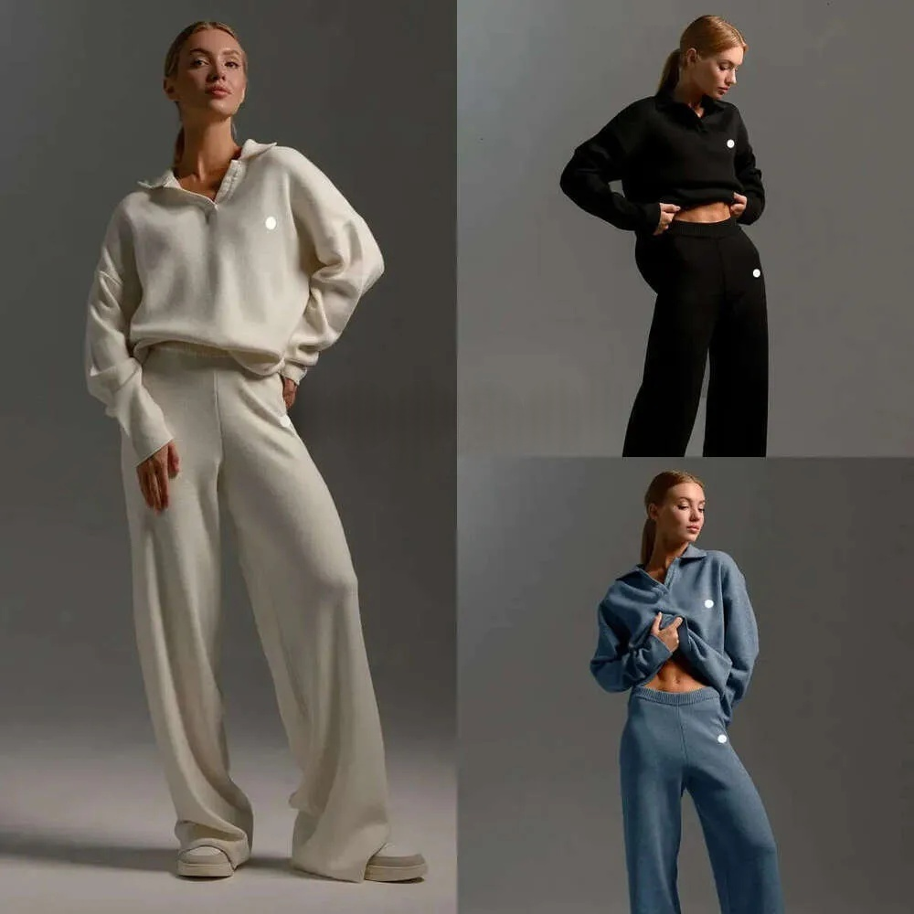 5a Top Sweater Yoga Outft Suits Autumn Winter Polo Neck Knitted Ullover Wide Leg Pants Jogger Suit Tracks aloliness Women Clothes Gym Set
