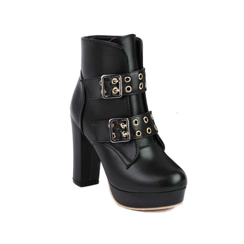 Women's Ultra High Block Heel Winter With Golden-Tone Metal Buckles Round Toe PU Upper, Thick Warm & Non-Slip Rubber Sole - Brown/Black Short Boo