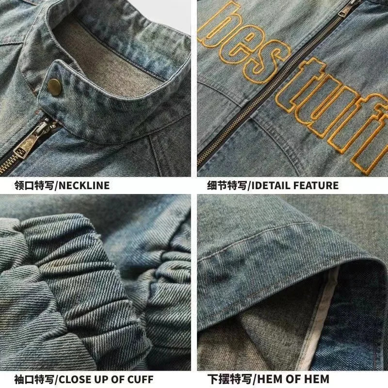 Vintage washing denim jacket mens loose paired with zipper top letter embroidered street clothing hiphop casual 251017
