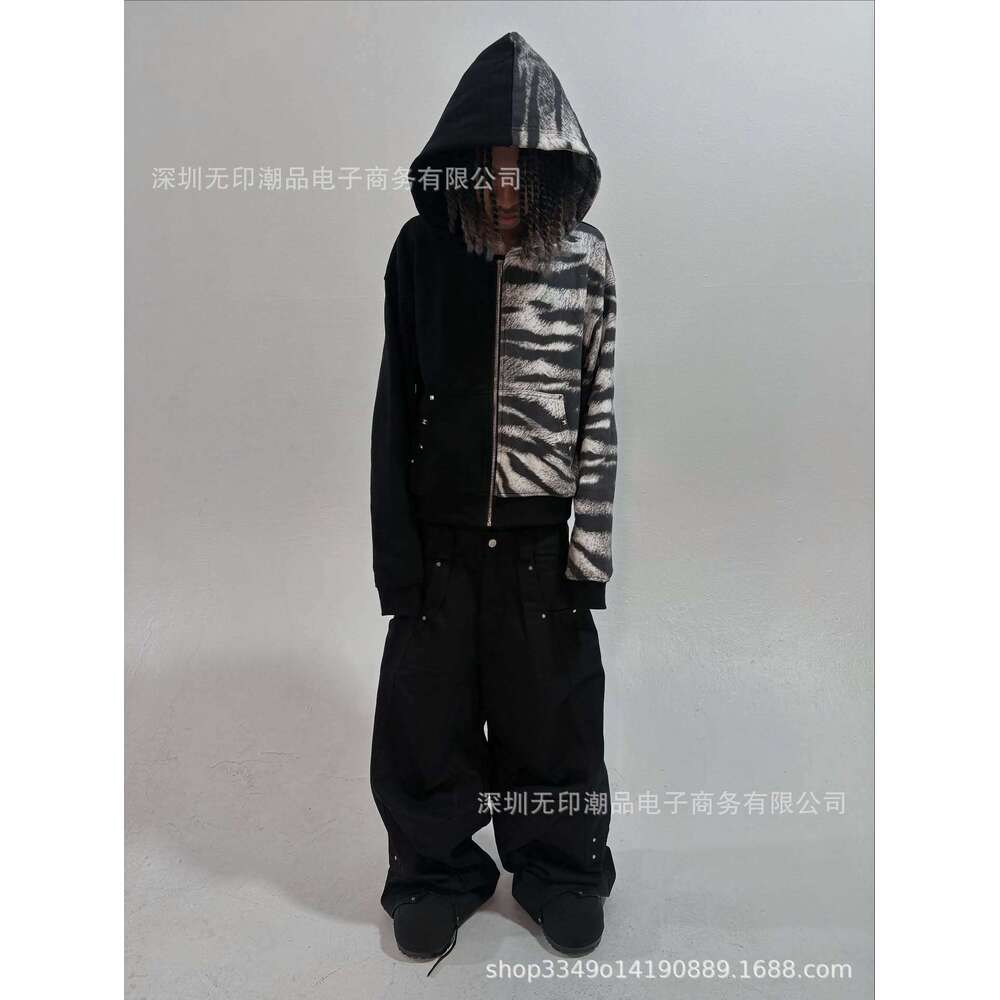 Winter Dark Style Unisex Streetwear Black and White Patchwork Zebra Pattern Fashion Jacket