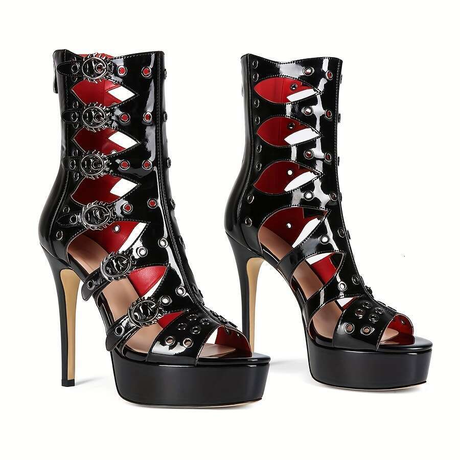 Women's Ultra-High Stiletto Heels Sexy Open-Toe Roman Gladiator Sandals With Zipper Closure, Pointed Toe Chunky Platform Heel - Elegant & Red Acc