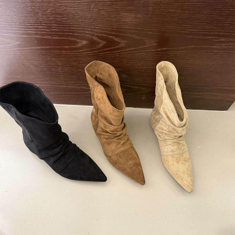 Women's 2025 Autumn Slim High-Heel Boots - Designer Khaki Slouchy Short Boots, Single Pointed Toe with Inner Height Increase