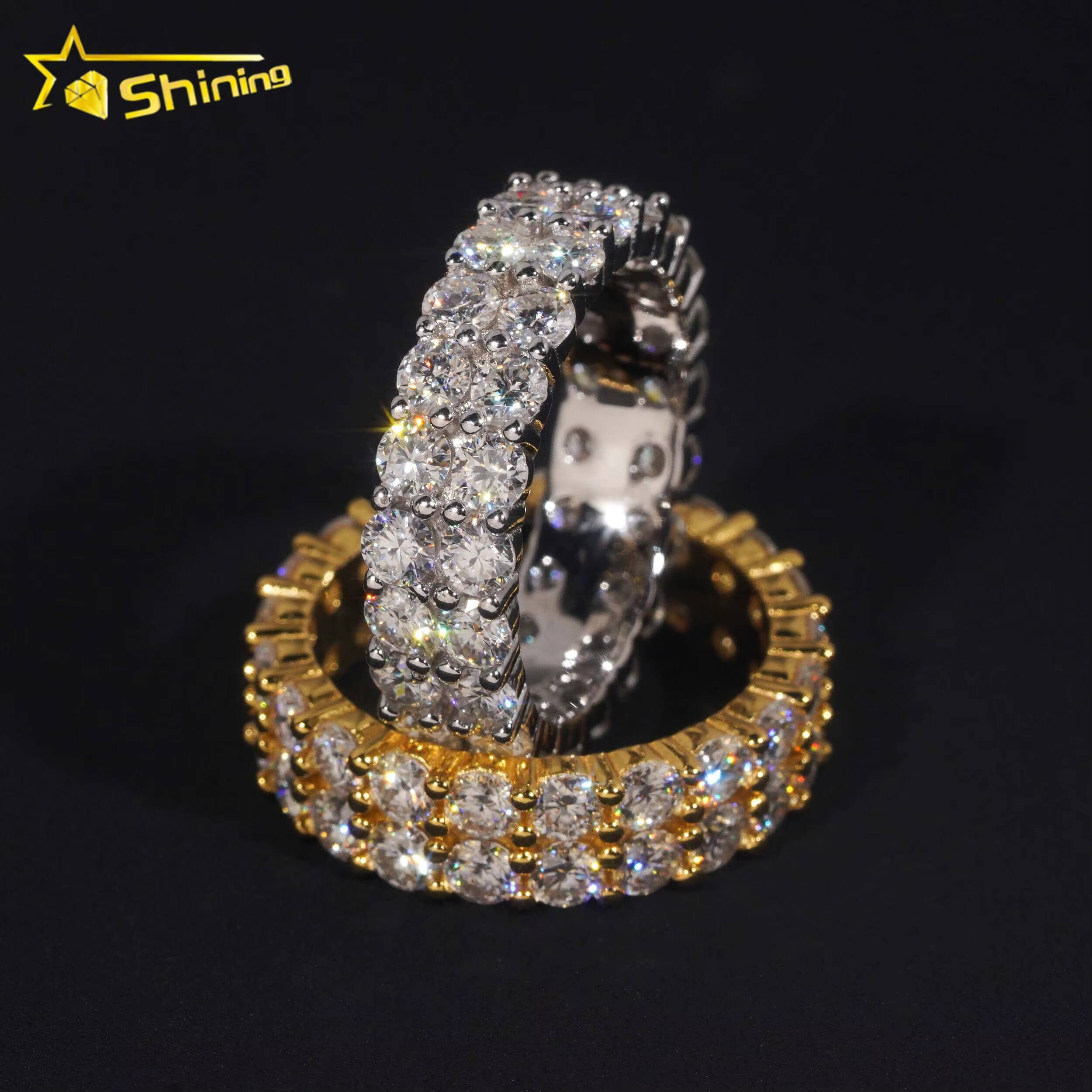 Fine Jewelry GRA Solid 925 Sterling Silver Gold Plated Iced Out Diamond Moissanite Fully Iced Double Rows Wedding Band Ring