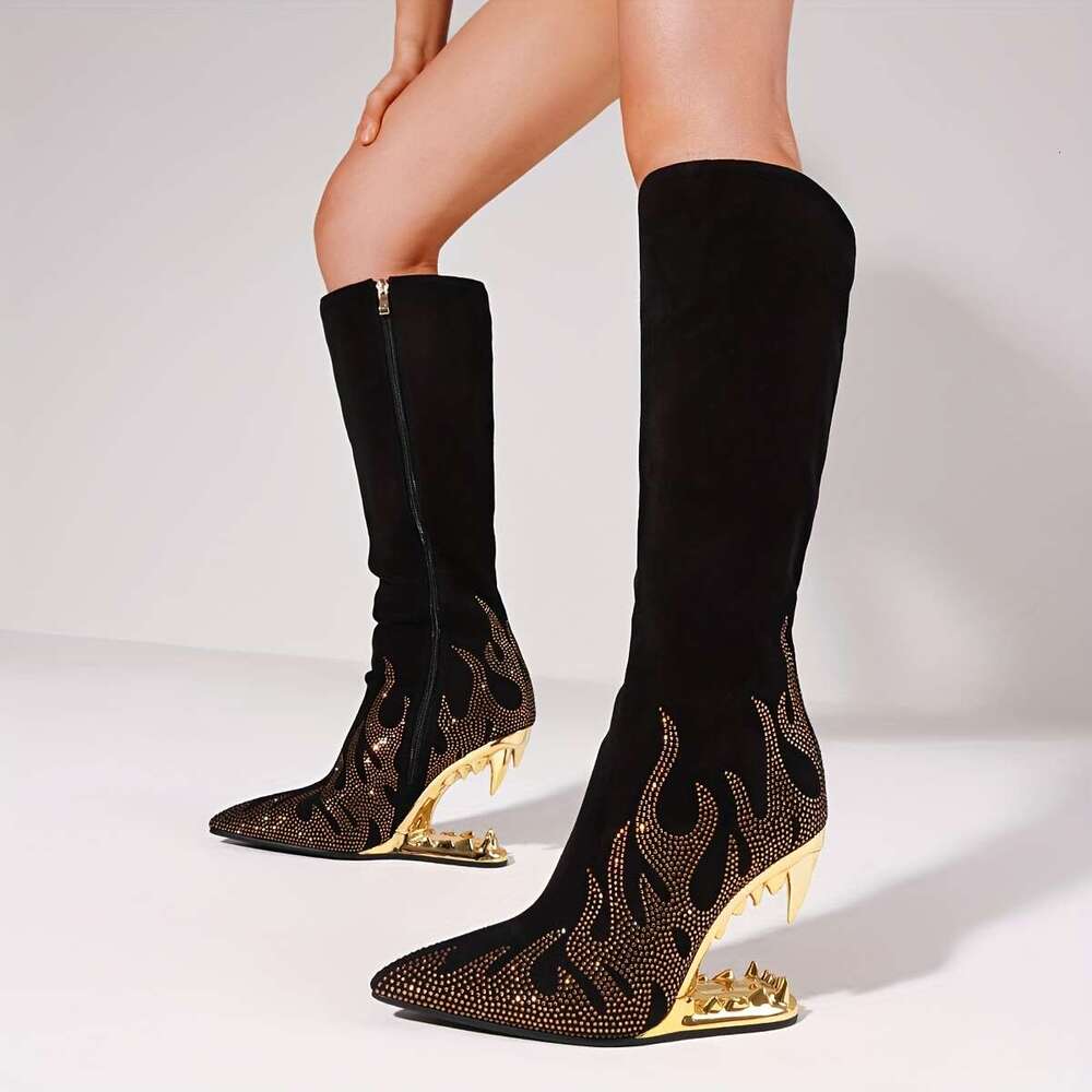 Pointed Rhinestone Wolf Teeth Heel Women's Large Long High Barrel Fashion Boots