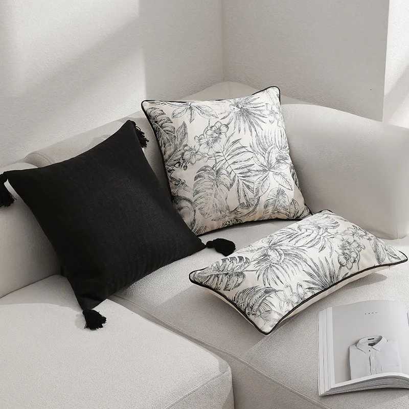 Pillow Case New French Retro Light Luxury Cushion Cover Black and White Plant Printed Covers Decorative WithTassel Home case C251028
