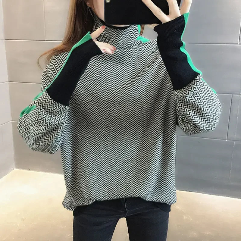 Autumn and winter retro checkerboard letter jacquard high neck soft glutinous pullover knitted sweater for women 251027