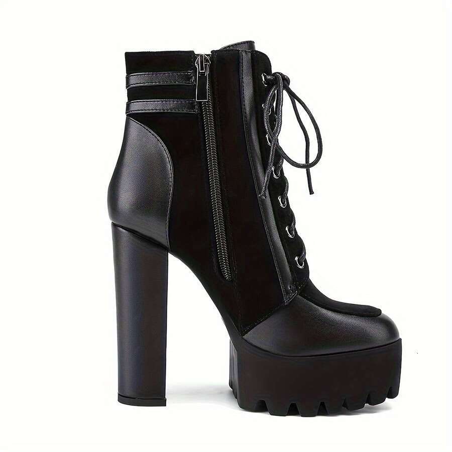 Women's Black Platform Ankle With Chunky Heel, High Quality Buckle Straps & Side Zipper - Stylish Winter Short Boots For Casual Attire, Durable R