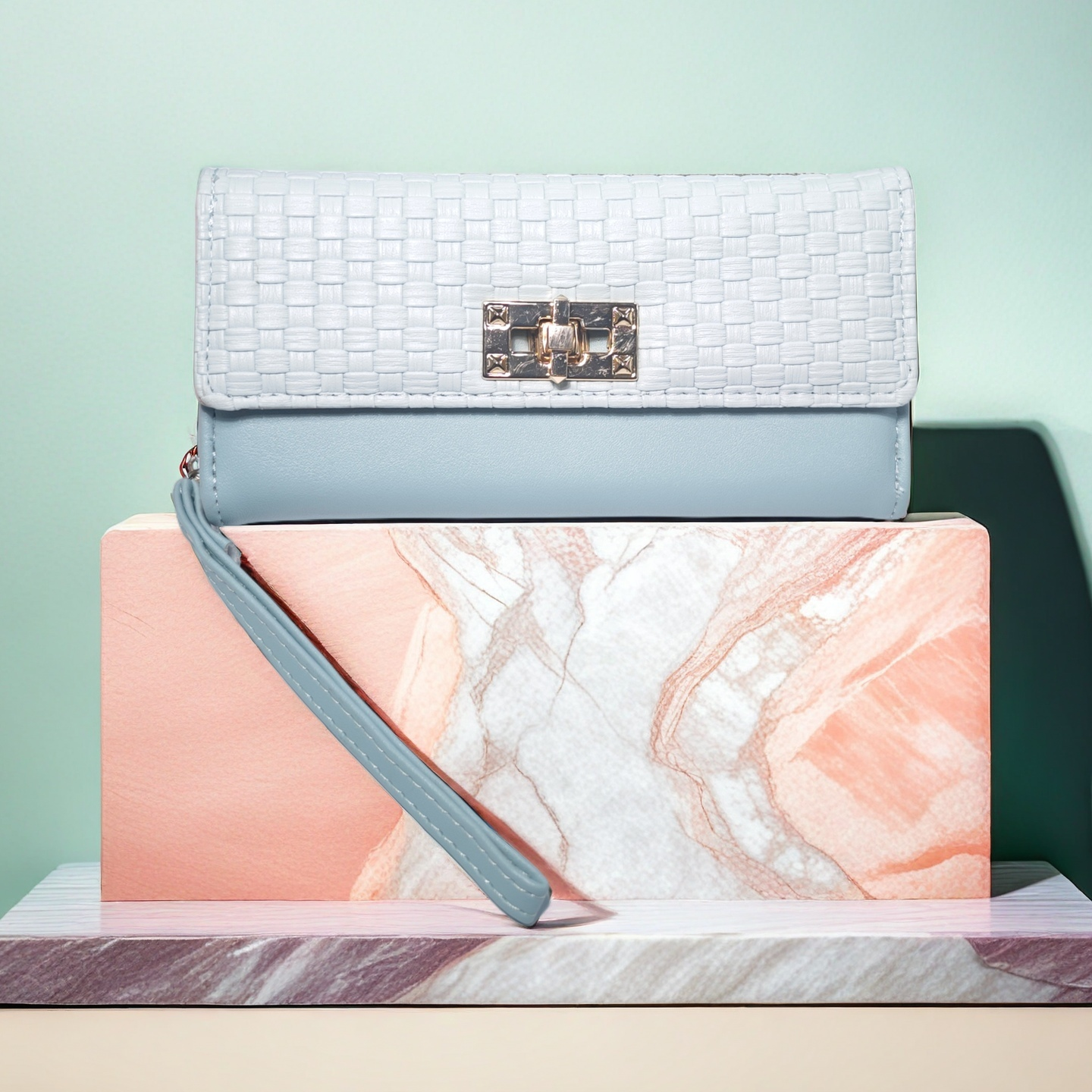 Wallets Women's Pink Woven Leather Clutch Wallet with Wristlet Strap - Gold Lock Accent, Textured Design, Large Capacity Purse for Daily & Party 