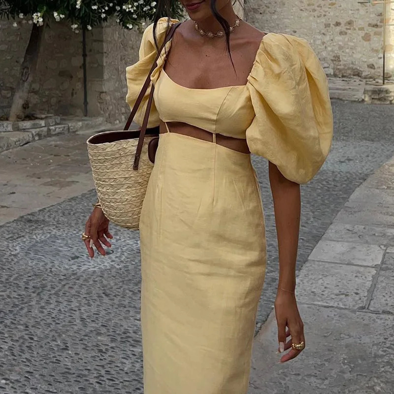 Womens Puff Sleeve Party Dress Ladies 2025 Hollow Waist High Street Summer Dress Elegant Solid Square Collar Holiday Long Dress 251027