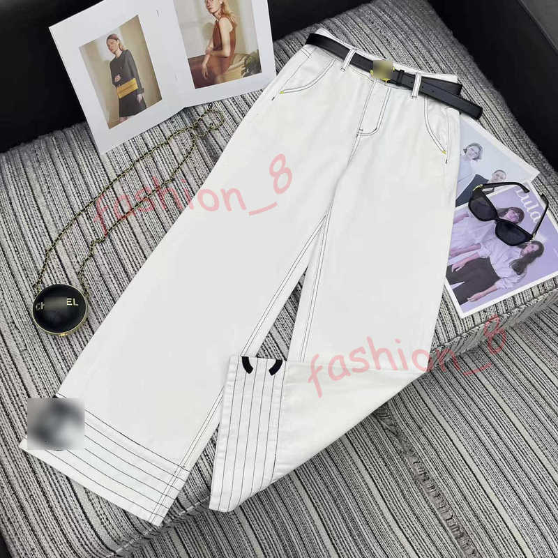 Designer Women's Jeans Women's Pants 2025 Autumn New Embroidered White Straight Jeans with Waist Belt Loose Slimming Long Pants