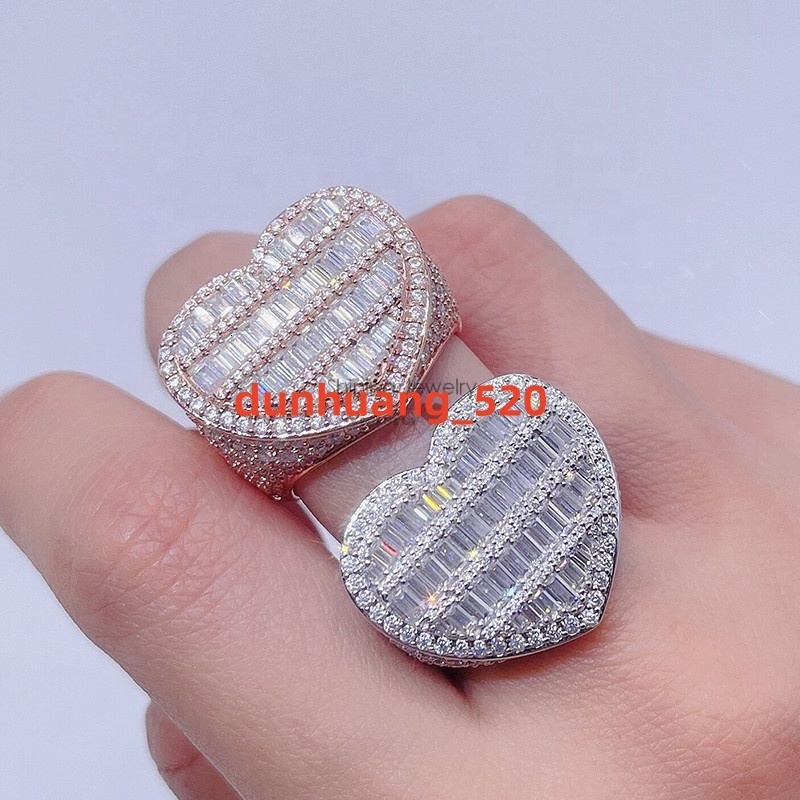 Fully Iced Out with baguette Moissanite Heart Pentagon Shaped Silver Hip Hop Rings