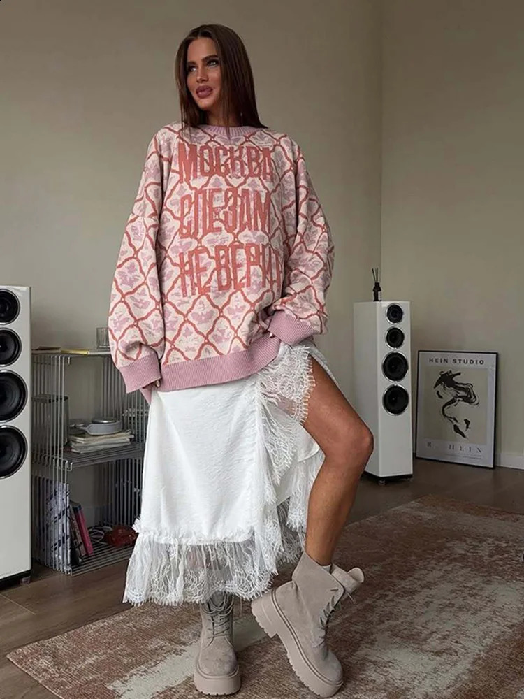 Letter Print Oversize Knit Sweater Geometric Pattern Long Sleeve 2025 Autumn Causal Women Pullover Chic Retro Preppy Lady Top 251027