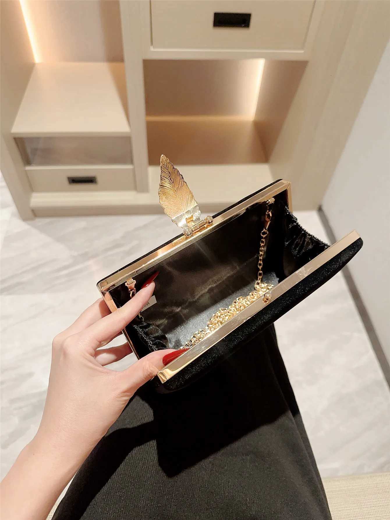 European and American Fashionable Dinner Bag Metal Leaf Clutch Bag Velvet Square Box Bag Crossbody Chain Bag Evening Bag Dress Bag H251027