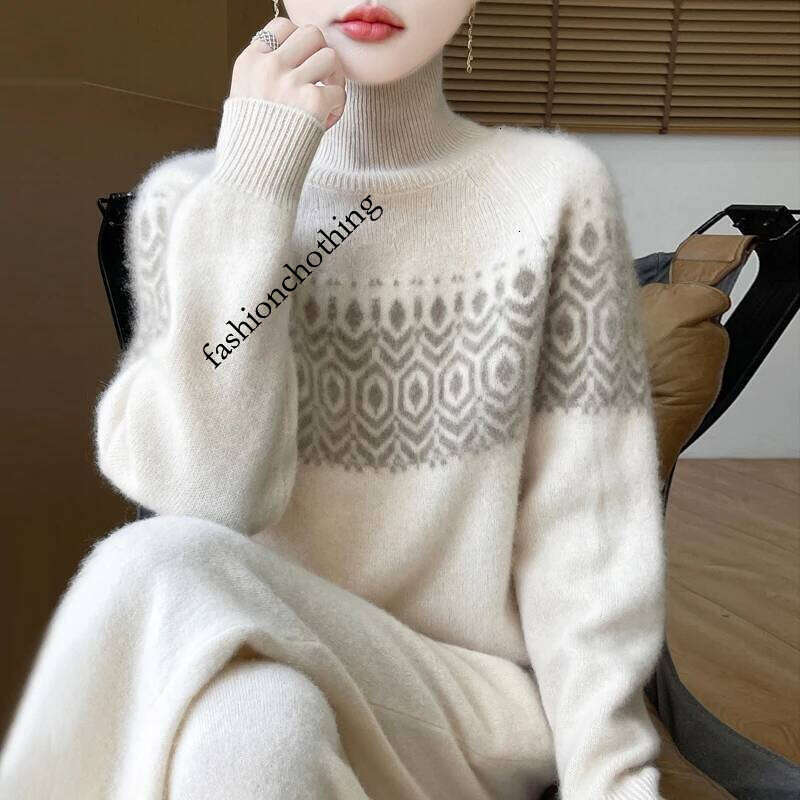 New Autumn/Winter 100% Merino Wool Sweater Casual Loose High Collar Pullover Fashion Korean Jacquard Women's Top