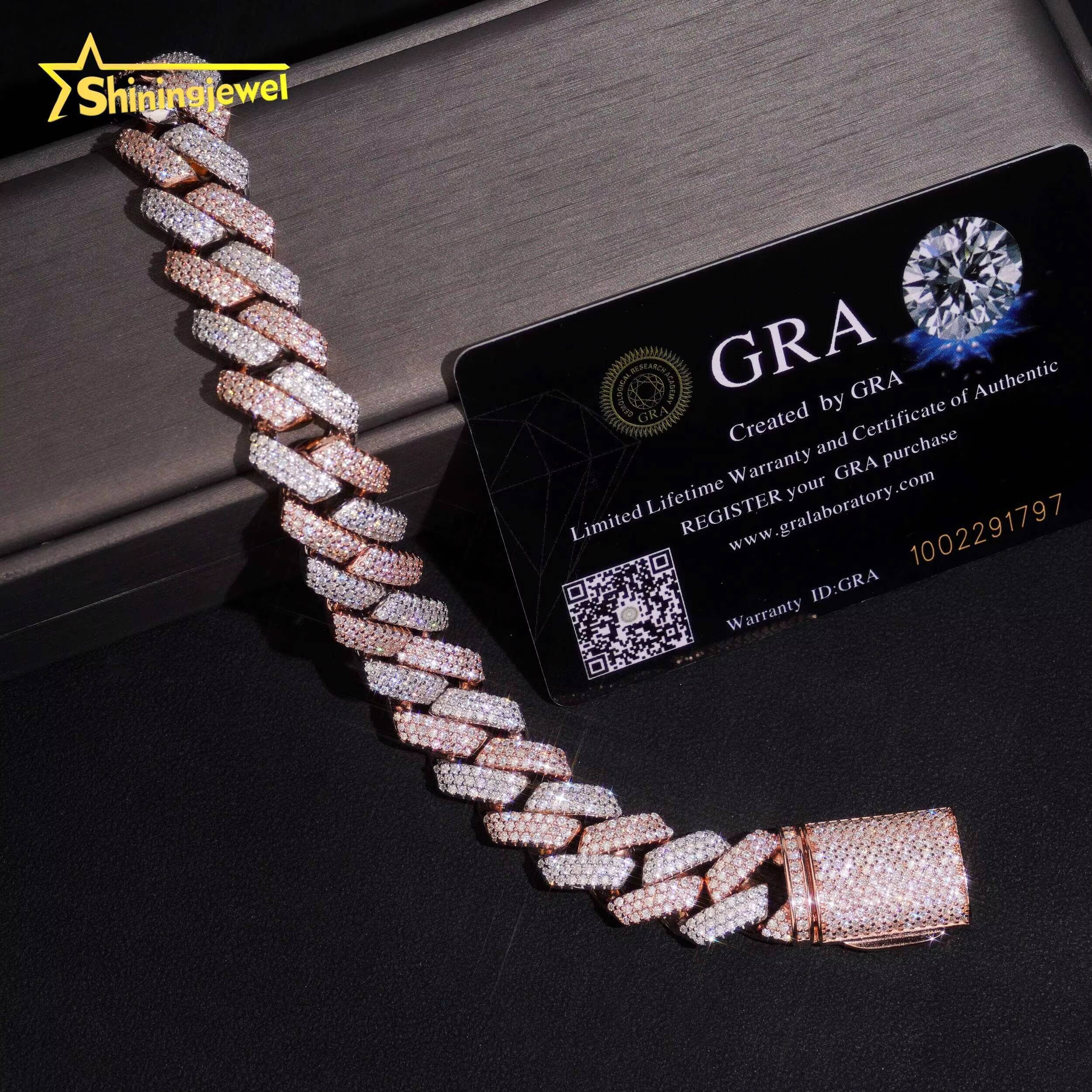 Two Tones Silver Rose Gold 15mm Moissanite Cuban Link Bracelet Hip Hop Moissanite Cuff Bracelet for Unisex Fashion