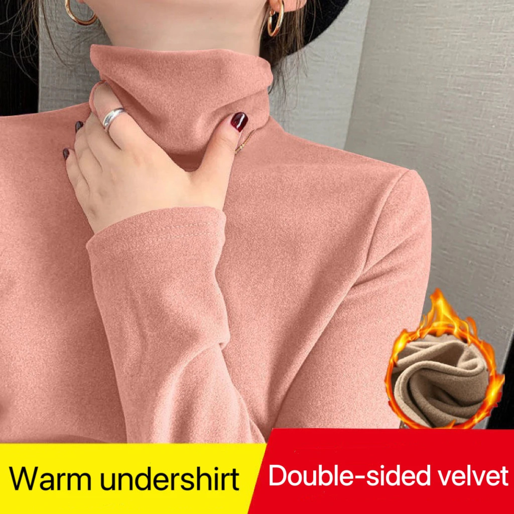 1pcs Women Autumn Winter Thickening Warm Longsleeved Tshirt Pile Collar Thermal Underwear Fashion High Collar Slim Thermal Top 251027