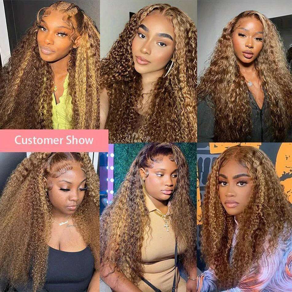 250% Density 13X4 HD Transparent Lace Front Human - Ombre Honey Blonde To Darker Brown Kinky Deep Curly With Pre-Plucked Baby Hair, Vacation Style Nat