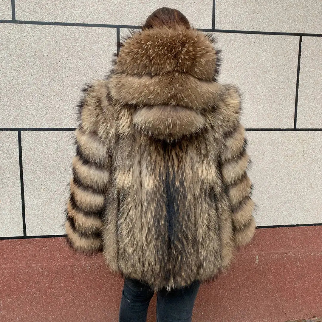 womens vertical hooded Real fox fur coat for autumn and winter fashion natural fur jacket vertical hooded raccoon fur coat 251027