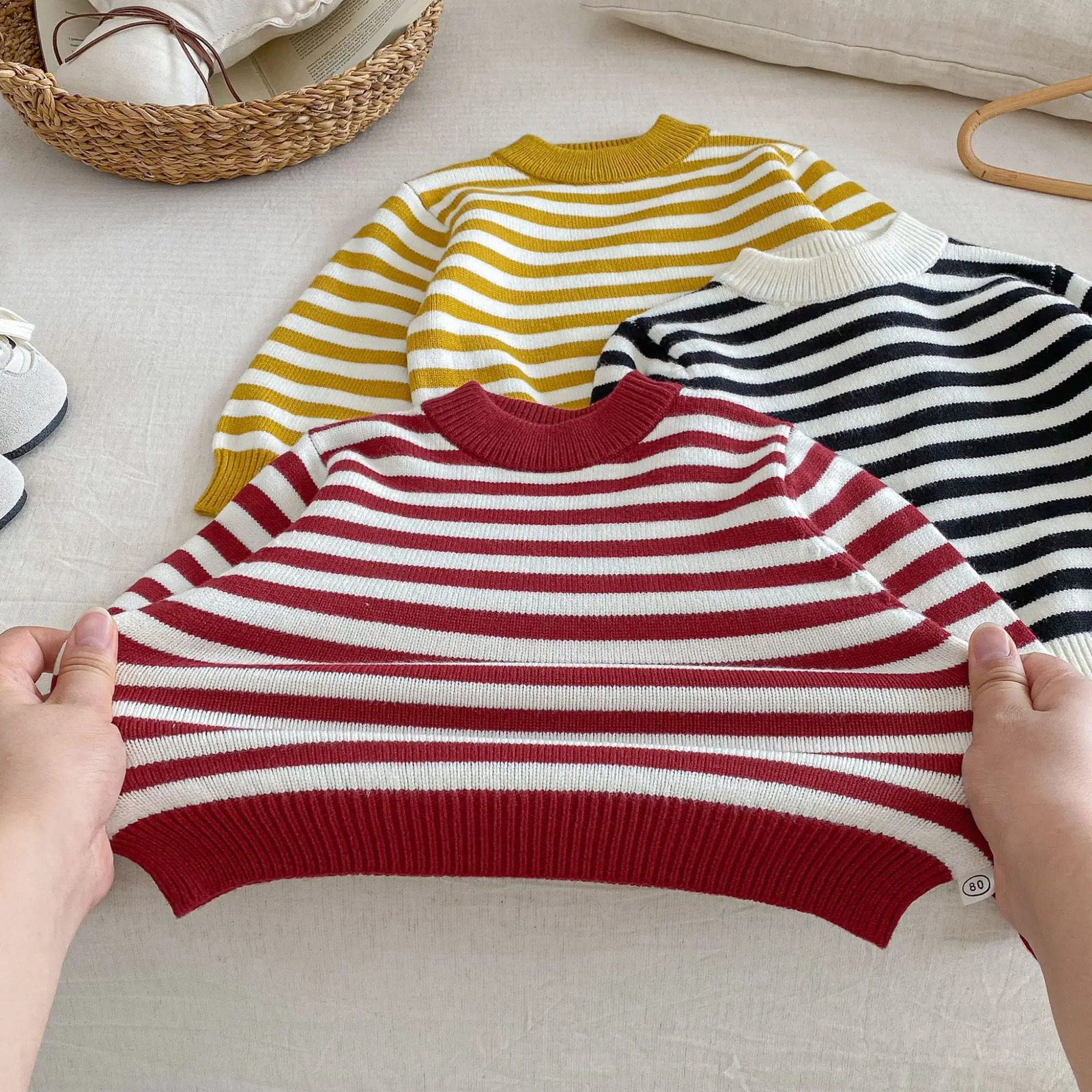 05Y Children Clothes Striped Sweater Korean Thickened Knit Pullover Toddler Inner Wear Winter Warm Jumper for Boys Girls 251027