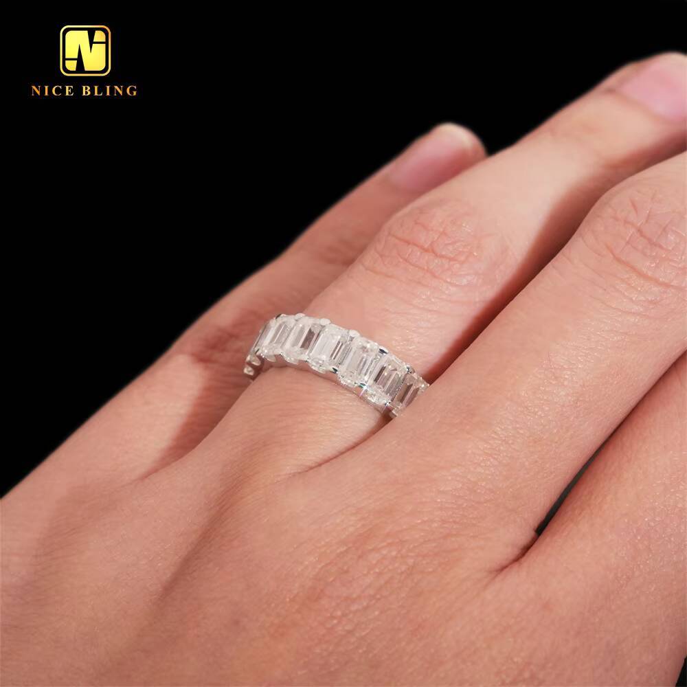 Fine Iced Out Wedding Ring VVS Moissanite 925 Silver Rings Daily Jewelry Diamond Emerald Cut Engagement Ring for Women Men