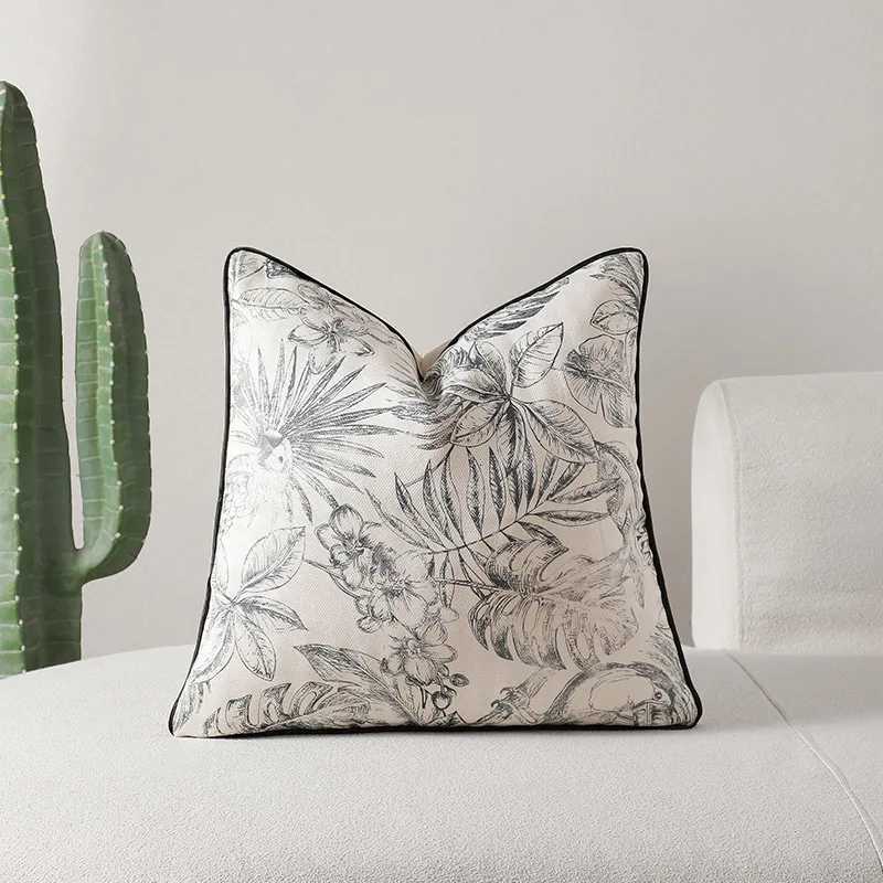 Pillow Case New French Retro Light Luxury Cushion Cover Black and White Plant Printed Covers Decorative WithTassel Home case C251028
