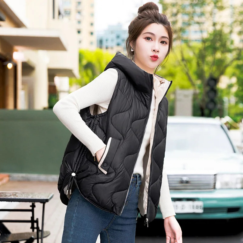 2025 Autumn Winter Warm Waistcoat Ladies Sleeveless Hooded Down Cotton Coat Women Outerwear Casual Puffer Vest Student Jacket 251027