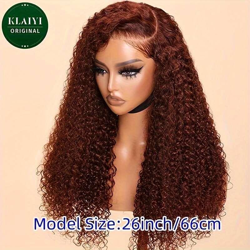 KLAIYI Reddish Brown 33B Jerry Curly 13X4 HD Lace Front - Glueless Pre-Plucked With Baby & Bleached Knots, 150% Density Brazilian Human Hair Wig For W