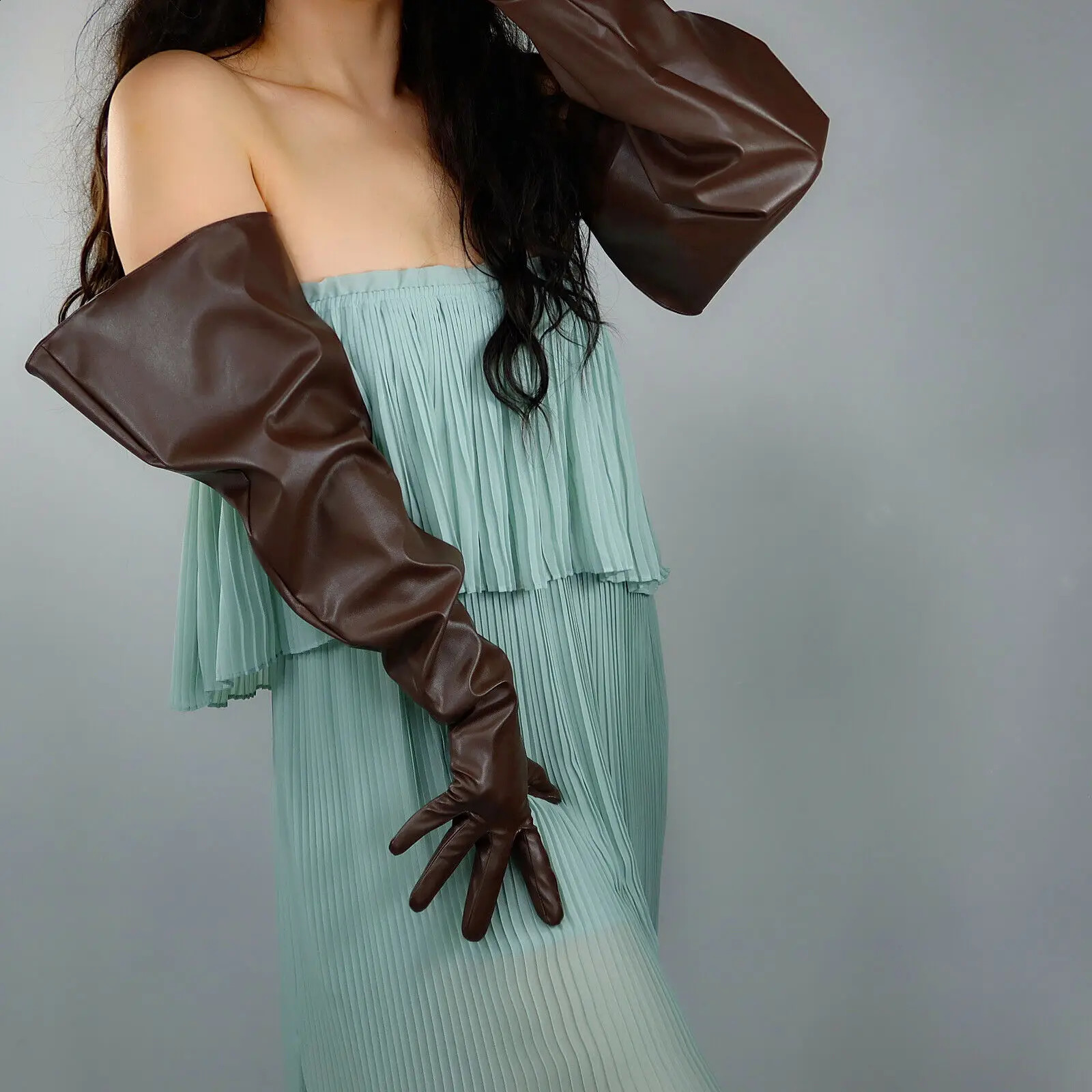 PUFF SLEEVES GLOVES Faux Leather 20 50cm Long Coffee Dark Deep Brown L Loose LLDLLNT 251027