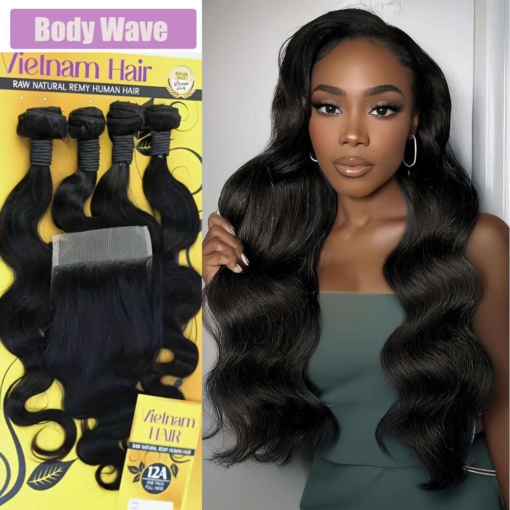 4Pcs Body Wave Bundles With 4X4 Lace Closure, Brazilian Human Hair Women, Natural Black Double Hine Weft, Easy To Wear For Daily Styling