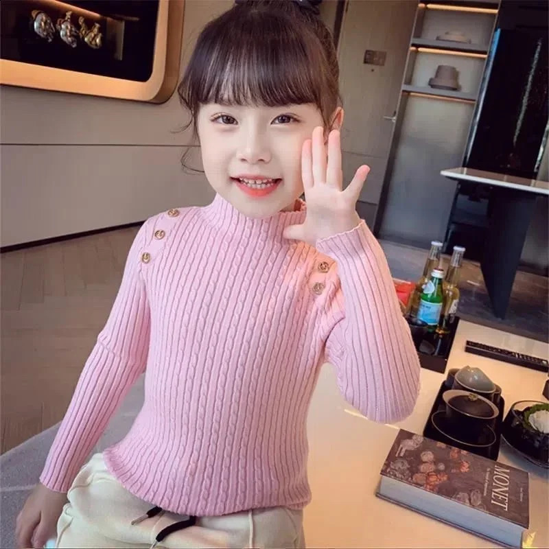 Girls Sweater Winter Decorative Buttons High Neck Solid Color Bottom Shirt Multicolour Children High Elasticity Knit Pullover 251027