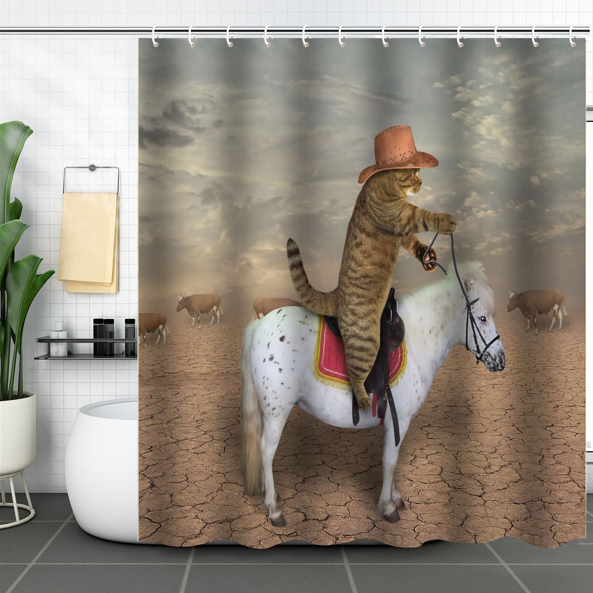 YL-37578 3D digital shower curtain for cat bathing bathroom with dry and wet separation polyester with hooks