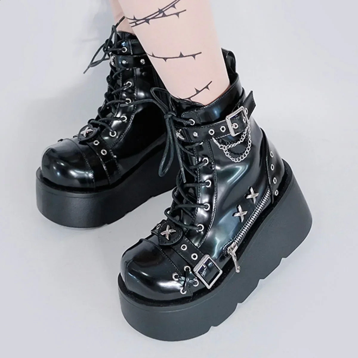 Gothic Style Platform Cosplay Women Midcalf Boots Winter Wedges Comfy Motorcycle Shoes w251013