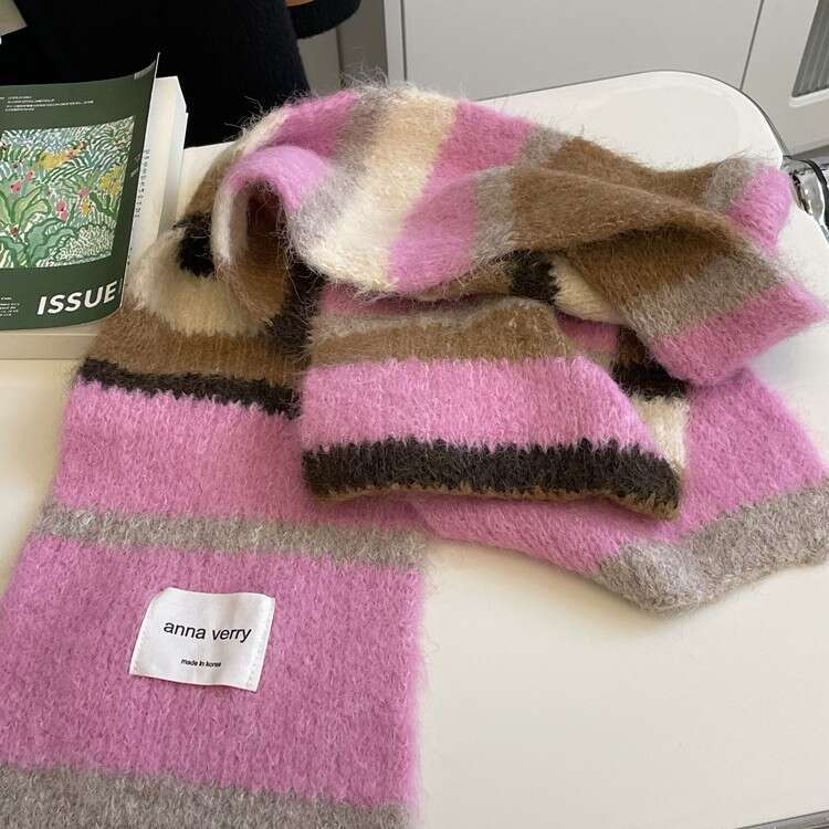 Mohair Scarf Peach Pink Striped Color Block Thickened Warm Autumn Winter Korean New Style Student Unisex