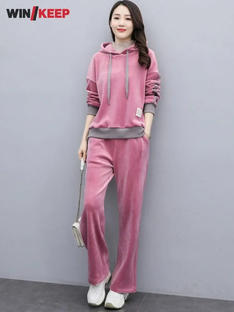 Winter Fleece Lining Thicken Warm Women Velvet Tracksuit Pullover Hooded Sweatshirt Straight Pants Running Sports Two Piece Set 251027