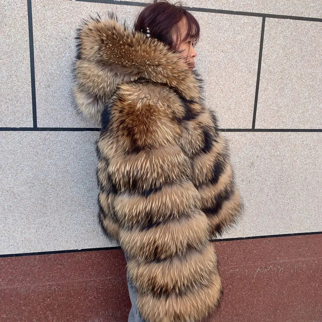 Womens raccoon hooded fur coat and natural fox fur hooded coat winter warm coat fashionable and fluffy 251027