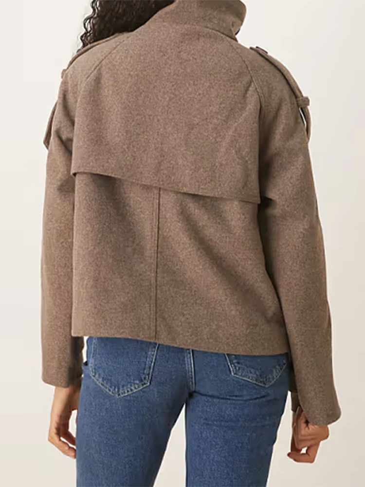 Casual Turtleneck Womens Woolen Coats Stand Collar Double Breasted Long Sleeve Pockets Jackets Autumn Winter Lady Outwear 251023