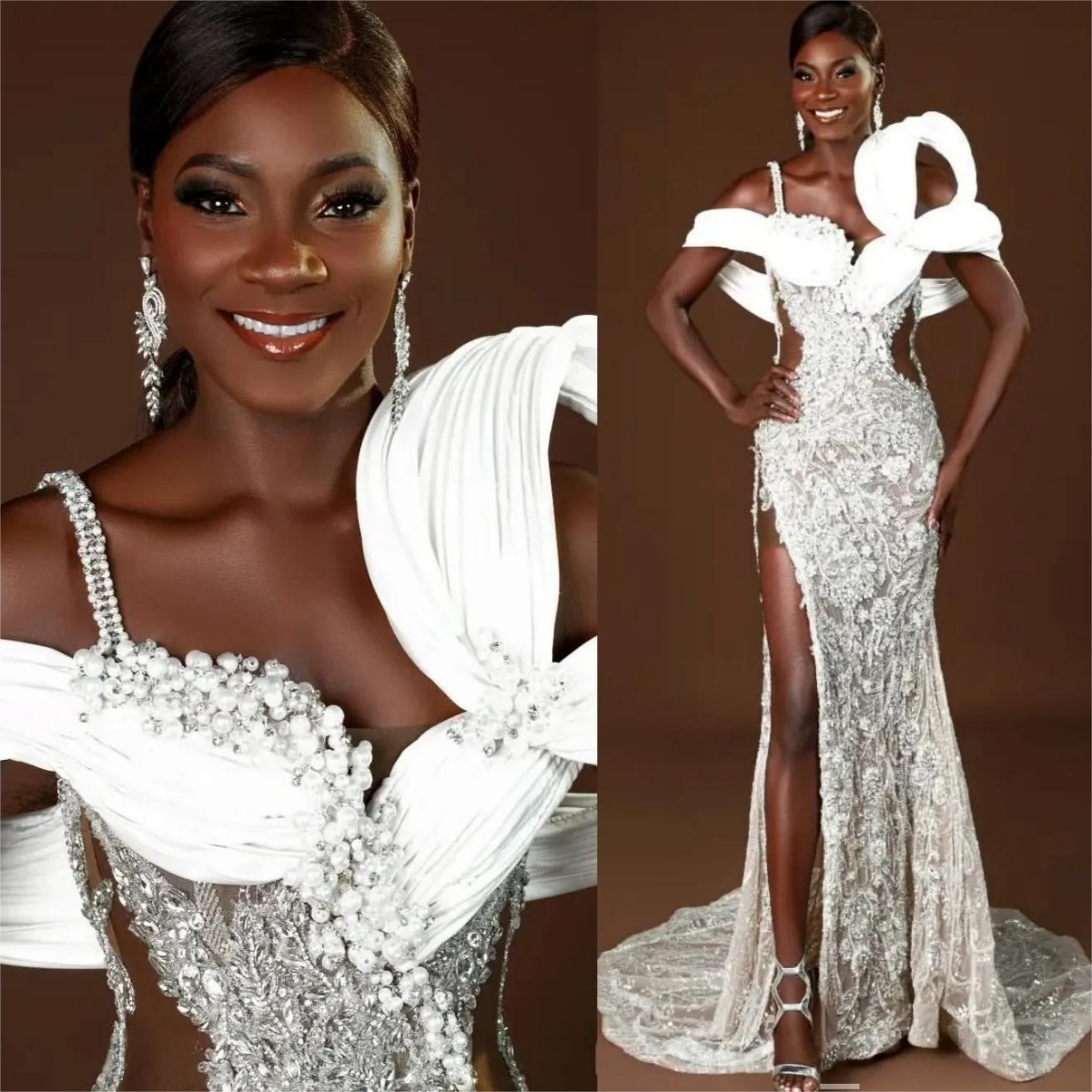 Arabic Aso Ebi Plus Size Wedding Dress in Ivory with Floral Lace Beaded Crystals Spaghetti Straps and High Split