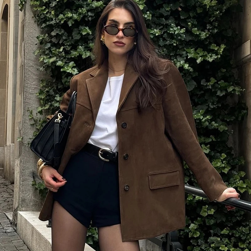 HXAO Womens Jacket Old money Jackets Brown Leather Suede Jacket Coat Vintage Demiseason Jacket Autumn Winter in Outerwears 251029