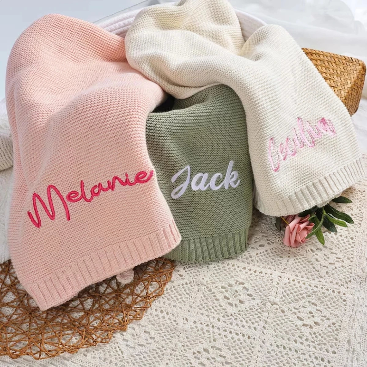 Personalized Custom name letter Embroidered born Nursery Baby Knit Blanket children Chunky Handmade Gifts for Boy Girl 251027