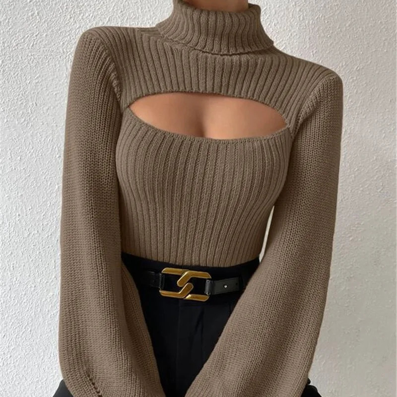 Autumn and Winter Sweater Sexy Loose Versatile High Neck Hollow Breast Leakage Sweater Women 251027