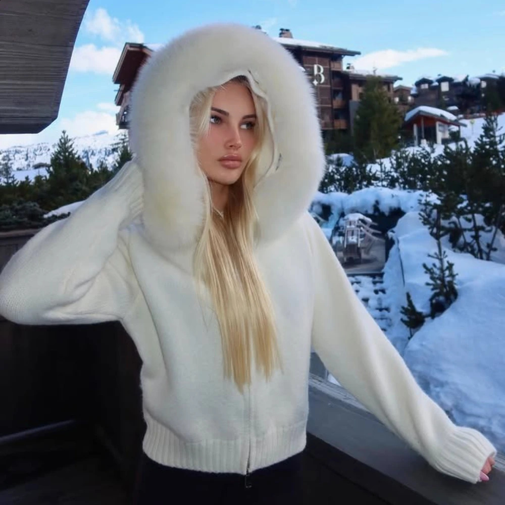OFTBUY Real Fox Fur Kintwear Women 2025 Spring Autumn Hooded Sweater Female Loose Zipper Kintted Jacket Oversized Cardigan 251027