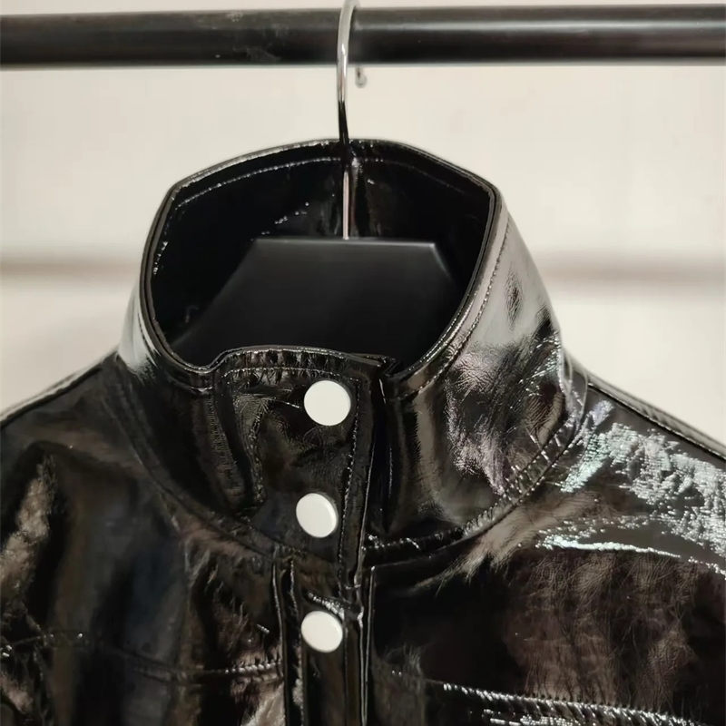 Trendy French Classic Embossed PU Texture Shiny Leather Jacket Coat Moto Short Jacket Flip Collar Outerwear 251027