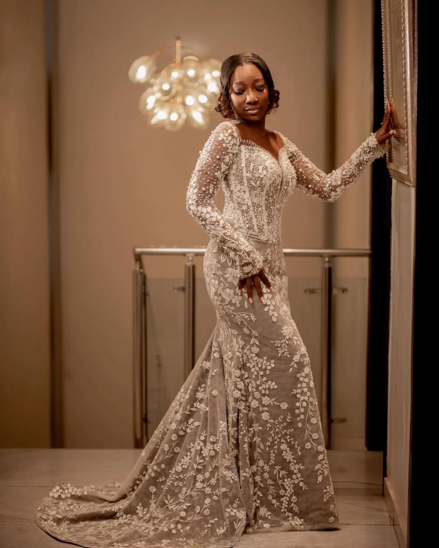 Aso Ebi Illusion Mermaid Wedding Dress in Ivory with Lace Beaded and Sheer Neck