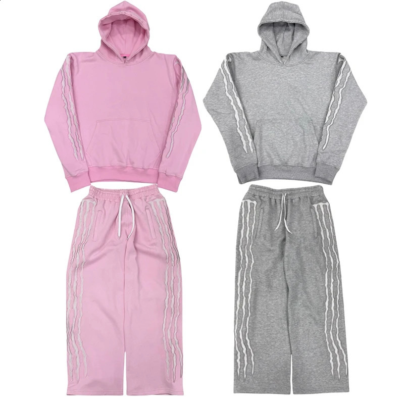 2 Pcs Outerwear Coords Y2K Triple Stripe Sweatpants Hoodie Trackuit Trendy Embroidered Fleecelined Streetwear Unisex Baggy Set 251027