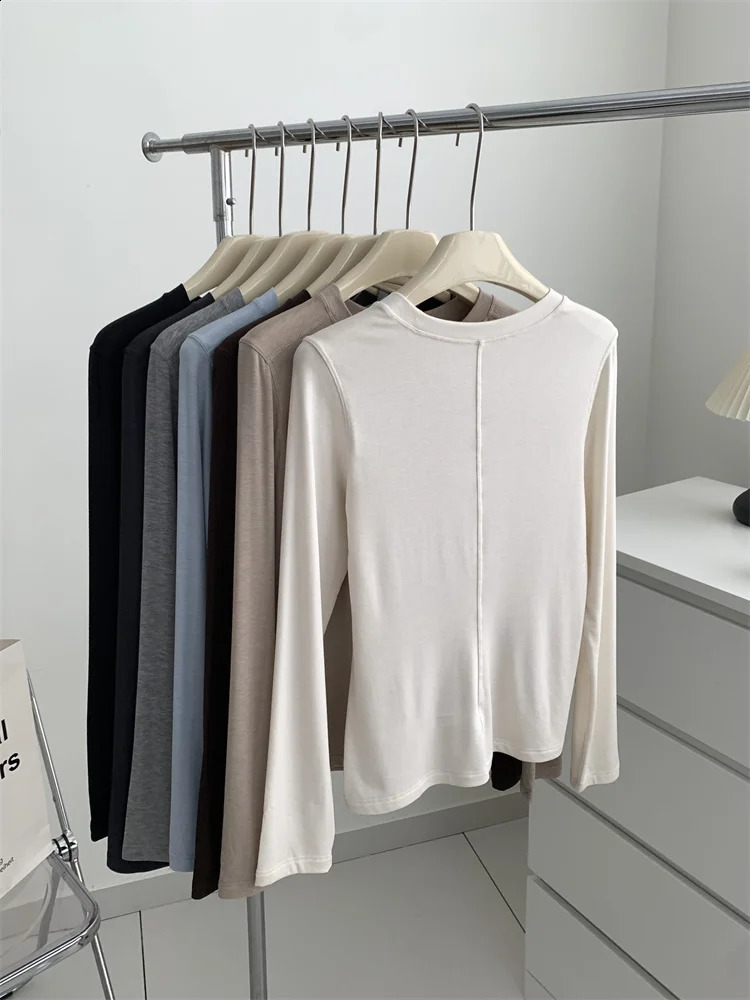 Silk Wool Splice Long Sleeve Tshirt Women Spring Summer Thin Soft Waxy Fit Solid Color Backing Top 251027